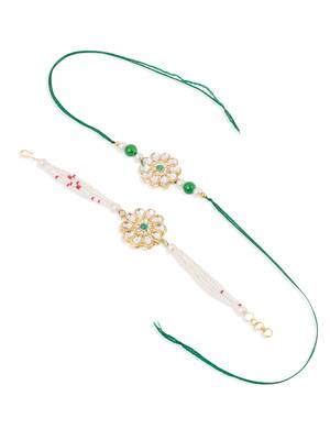 set of 2 kundan studded floral design gold toned bhaiya bhabhi rakhi set with roli chawal chandan & mishri 2
