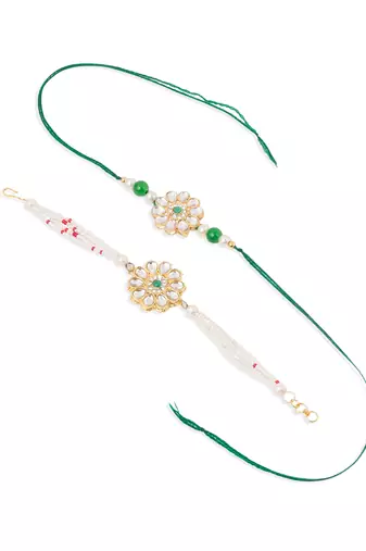 set of 2 kundan studded floral design gold toned bhaiya bhabhi rakhi set with roli chawal chandan & mishri
