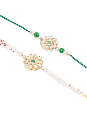 set of 2 kundan studded floral design gold toned bhaiya bhabhi rakhi set with roli chawal chandan & mishri 3