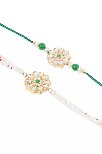set of 2 kundan studded floral design gold toned bhaiya bhabhi rakhi set with roli chawal chandan & mishri