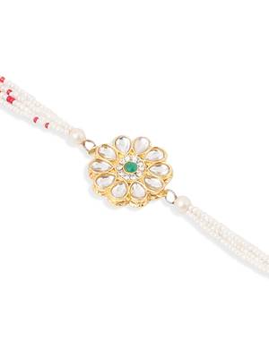set of 2 kundan studded floral design gold toned bhaiya bhabhi rakhi set with roli chawal chandan & mishri 4