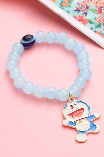 kids cartoon design sky blue artificial beads thread rakhi with roli chawal chandan & mishri