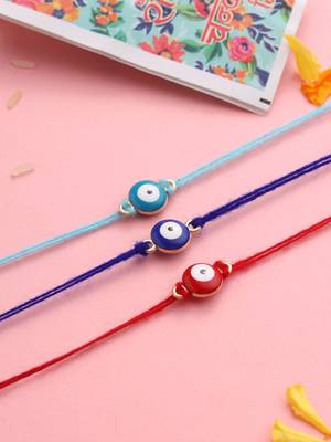  set of 3 multicolor evil eyethread rakhi with roli chawal chandan & mishri 1