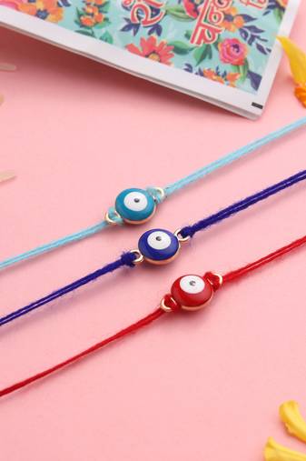  set of 3 multicolor evil eyethread rakhi with roli chawal chandan & mishri