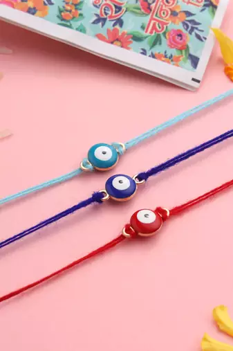  set of 3 multicolor evil eyethread rakhi with roli chawal chandan & mishri