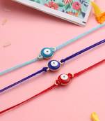  set of 3 multicolor evil eyethread rakhi with roli chawal chandan & mishri