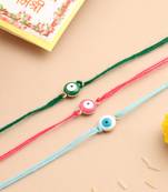 set of 3 multicolor evil eye thread rakhi with roli chawal chandan & mishri