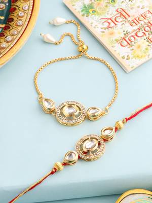  set of 2 gold toned kundan studded bhaiya bhabhi rakhi with roli chawal chandan & mishri 1