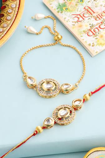  set of 2 gold toned kundan studded bhaiya bhabhi rakhi with roli chawal chandan & mishri