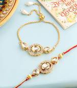  set of 2 gold toned kundan studded bhaiya bhabhi rakhi with roli chawal chandan & mishri