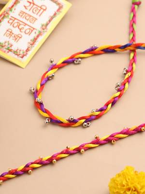   multicolor artificial beads thread rakhi with roli chawal chandan & mishri 1