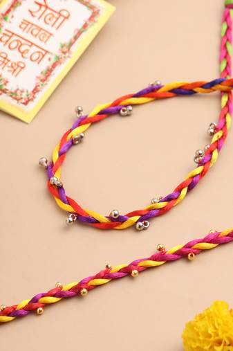   multicolor artificial beads thread rakhi with roli chawal chandan & mishri