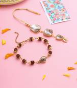  set of 2 gold toned rudraksh & pearls bhaiya bhabhi rakhi with roli chawal chandan & mishri