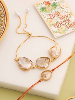  set of 2 gold toned pearls bhaiya bhabhi rakhi with roli chawal chandan & mishri 1