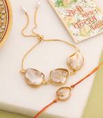  set of 2 gold toned pearls bhaiya bhabhi rakhi with roli chawal chandan & mishri