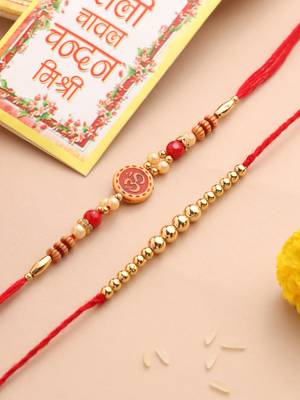set of 2 red religious thread rakhi with roli chawal chandan & mishri 1