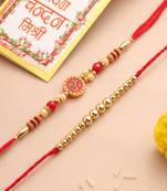 set of 2 red religious thread rakhi with roli chawal chandan & mishri