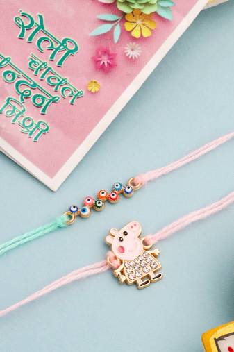  kids set of 2 cartoon artificial stones thread rakhi with roli chawal chandan & mishri