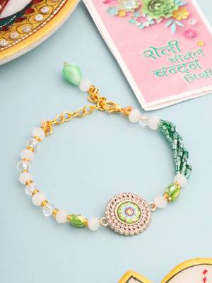   green artificial stones & beads floral wraparound rakhi with roli chawal chandan & mishri 1