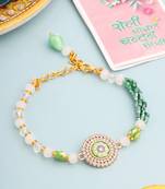   green artificial stones & beads floral wraparound rakhi with roli chawal chandan & mishri