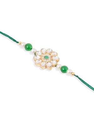 set of 2 kundan studded floral design gold toned bhaiya bhabhi rakhi set with roli chawal chandan & mishri 5