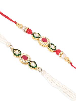 set of 2 multicolor oval shape kundan studded & beads bhaiya bhabhi rakhi with roli chawal chandan & mishri 2