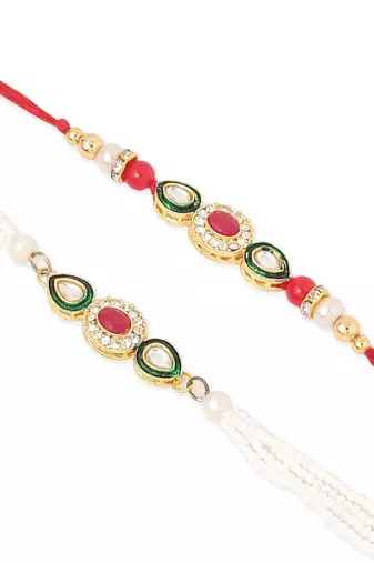 set of 2 multicolor oval shape kundan studded & beads bhaiya bhabhi rakhi with roli chawal chandan & mishri