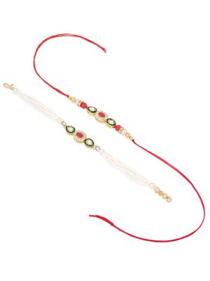 set of 2 multicolor oval shape kundan studded & beads bhaiya bhabhi rakhi with roli chawal chandan & mishri 3