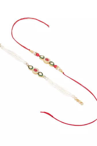 set of 2 multicolor oval shape kundan studded & beads bhaiya bhabhi rakhi with roli chawal chandan & mishri
