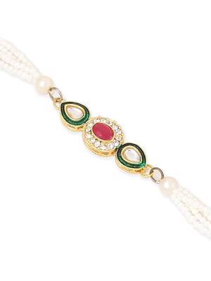 set of 2 multicolor oval shape kundan studded & beads bhaiya bhabhi rakhi with roli chawal chandan & mishri 4