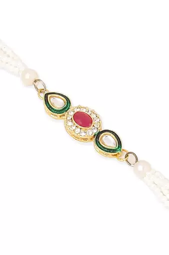 set of 2 multicolor oval shape kundan studded & beads bhaiya bhabhi rakhi with roli chawal chandan & mishri