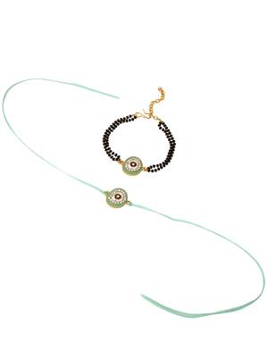 set of 2 green round shape artificial stones bhaiya bhabhi rakhi with roli chawal chandan & mishri 2