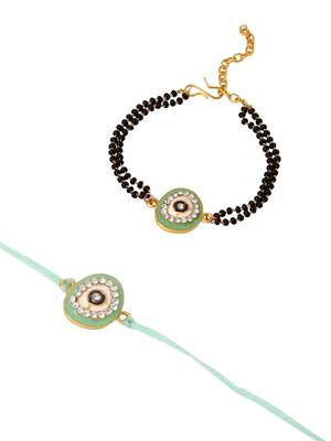 set of 2 green round shape artificial stones bhaiya bhabhi rakhi with roli chawal chandan & mishri 3
