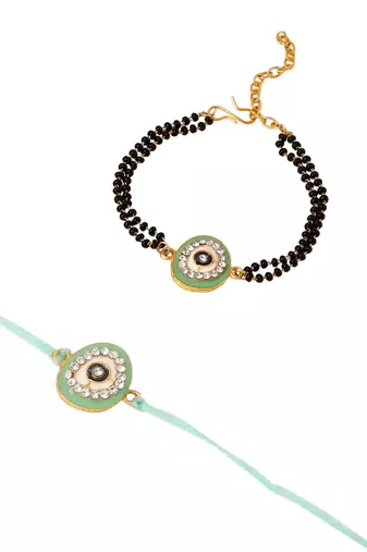 set of 2 green round shape artificial stones bhaiya bhabhi rakhi with roli chawal chandan & mishri