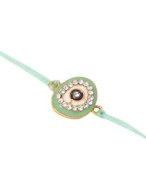set of 2 green round shape artificial stones bhaiya bhabhi rakhi with roli chawal chandan & mishri 5