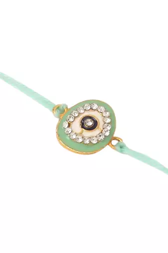 set of 2 green round shape artificial stones bhaiya bhabhi rakhi with roli chawal chandan & mishri