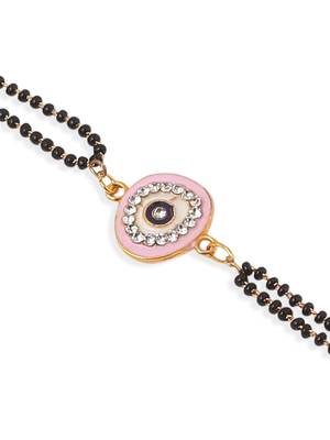 set of 2 pink round shape artificial stones bhaiya bhabhi rakhi with roli chawal chandan & mishri 2