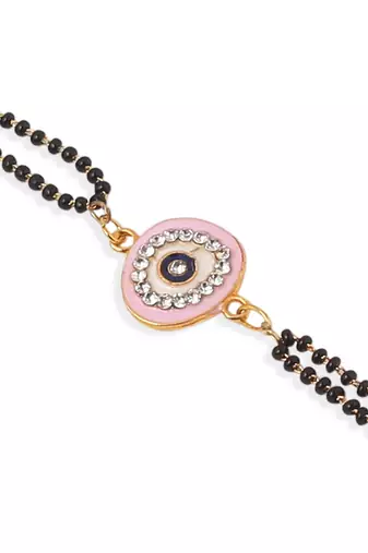 set of 2 pink round shape artificial stones bhaiya bhabhi rakhi with roli chawal chandan & mishri