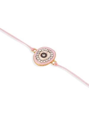 set of 2 pink round shape artificial stones bhaiya bhabhi rakhi with roli chawal chandan & mishri 3