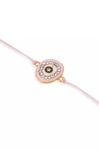 set of 2 pink round shape artificial stones bhaiya bhabhi rakhi with roli chawal chandan & mishri