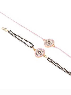 set of 2 pink round shape artificial stones bhaiya bhabhi rakhi with roli chawal chandan & mishri 4