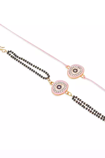 set of 2 pink round shape artificial stones bhaiya bhabhi rakhi with roli chawal chandan & mishri