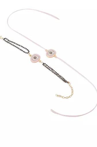 set of 2 pink round shape artificial stones bhaiya bhabhi rakhi with roli chawal chandan & mishri