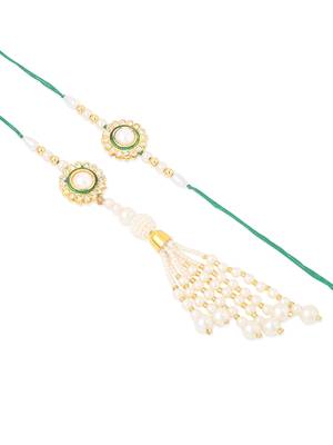 set of 2 white & green stone studded handcrafted bhaiya bhabhi thread rakhi with roli chawal chandan & mishri 2