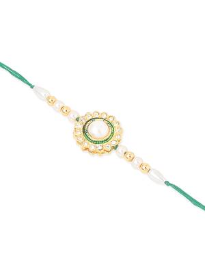 set of 2 white & green stone studded handcrafted bhaiya bhabhi thread rakhi with roli chawal chandan & mishri 3