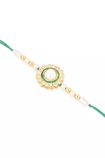 set of 2 white & green stone studded handcrafted bhaiya bhabhi thread rakhi with roli chawal chandan & mishri
