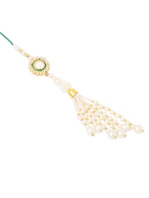 set of 2 white & green stone studded handcrafted bhaiya bhabhi thread rakhi with roli chawal chandan & mishri 4
