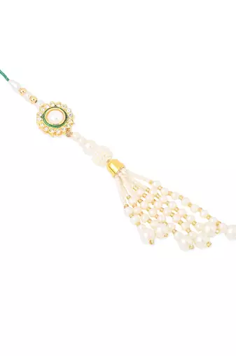 set of 2 white & green stone studded handcrafted bhaiya bhabhi thread rakhi with roli chawal chandan & mishri