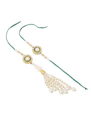 set of 2 white & green stone studded handcrafted bhaiya bhabhi thread rakhi with roli chawal chandan & mishri 5