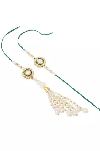 set of 2 white & green stone studded handcrafted bhaiya bhabhi thread rakhi with roli chawal chandan & mishri